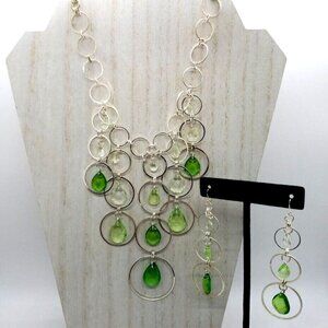 NES Jewelry Set 15" Bib Necklace Pierced Earrings Green Teardrops Silver Tone